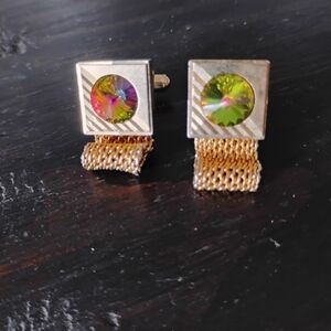 Gold-Tone Square Cufflinks with Green Aurora Crystal Accent